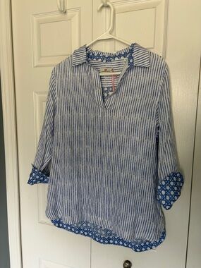 Vineyard Vines Blue & White Striped Popover Tunic with Patterned Trim